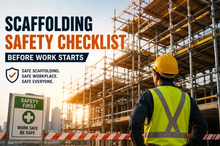 Scaffolding Safety Checklist Before Work Starts with a construction worker inspecting steel scaffolding while wearing a safety harness, helmet, and PPE at a building construction site.