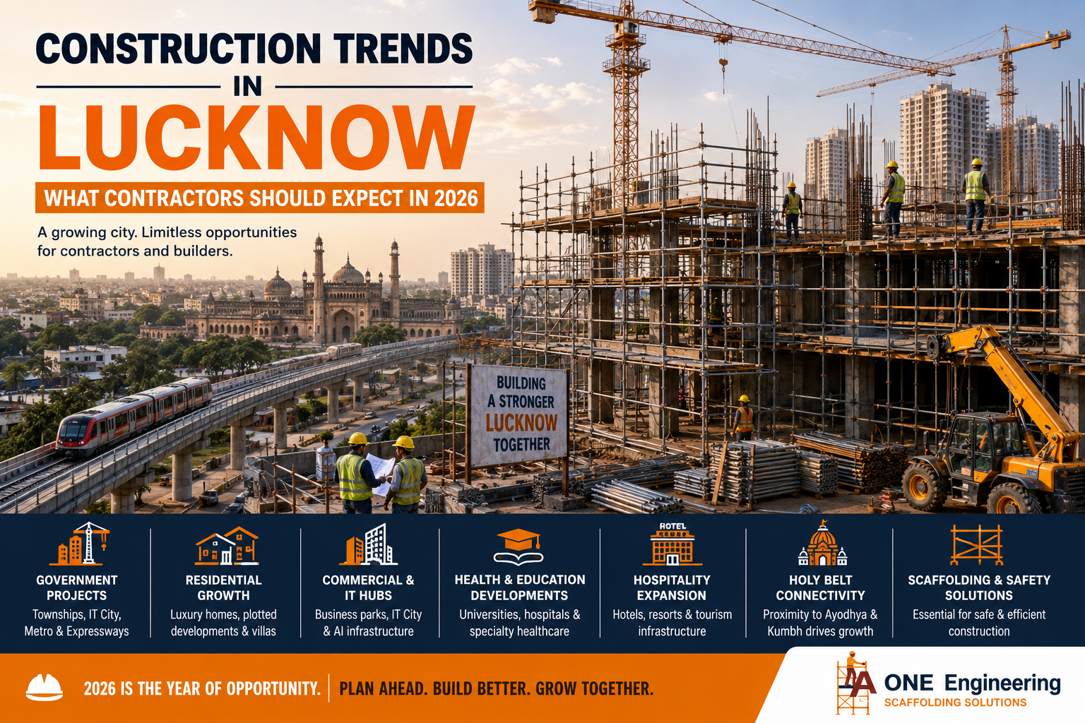 Construction trends in Lucknow 2026 showing commercial buildings, infrastructure development, cranes, and scaffolding supporting upcoming residential and government projects.