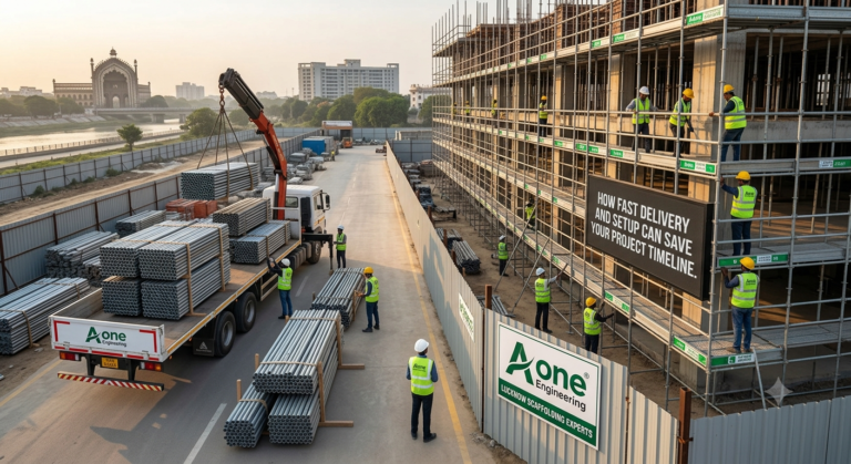 AOne Engineering flatbed truck unloading scaffolding pipes at a fast-paced construction site in Lucknow to save project timelines.