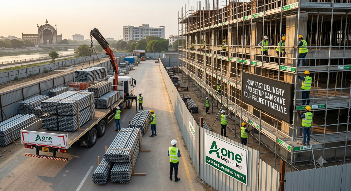 AOne Engineering flatbed truck unloading scaffolding pipes at a fast-paced construction site in Lucknow to save project timelines.