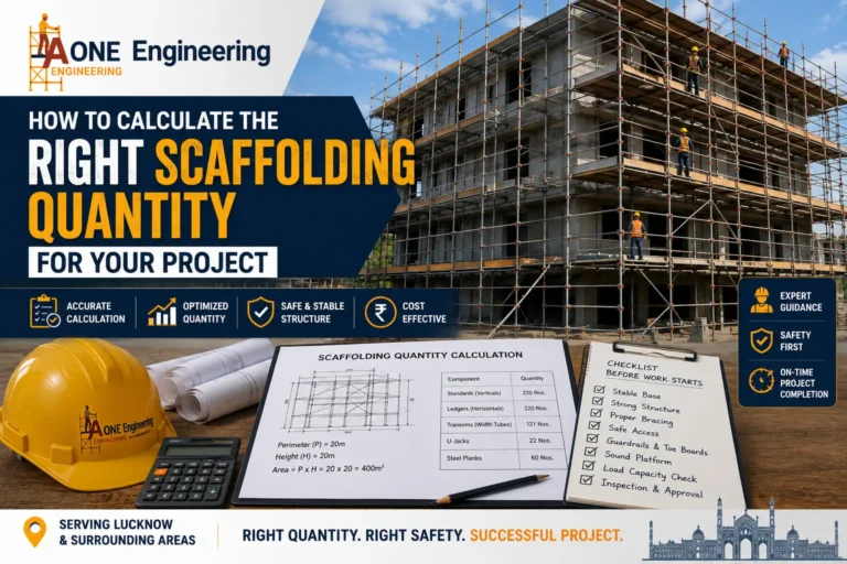 Construction professionals calculating scaffolding quantity for a commercial building project using scaffold plans, measurements, and load calculations before installation in Lucknow.