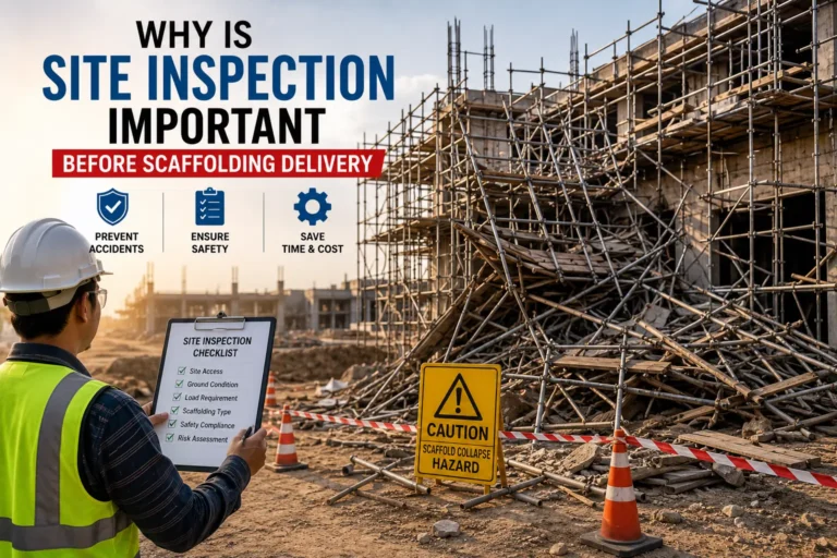 Site inspector checking steel scaffolding before delivery at a construction site.