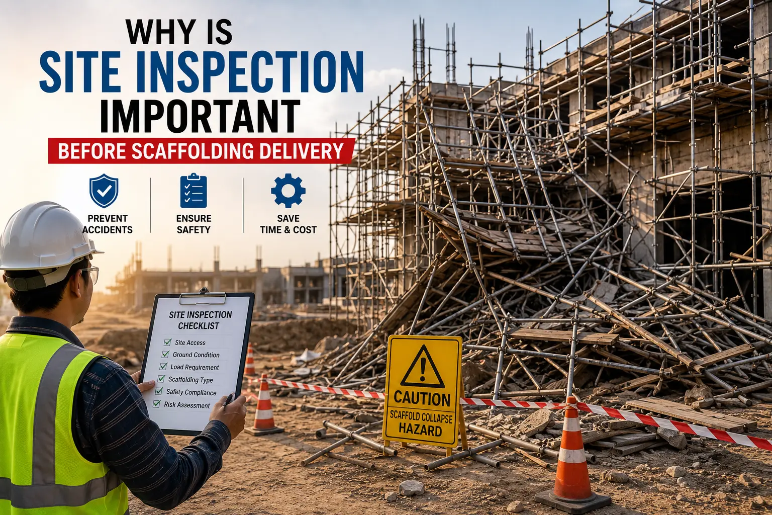 Site inspector checking steel scaffolding before delivery at a construction site.