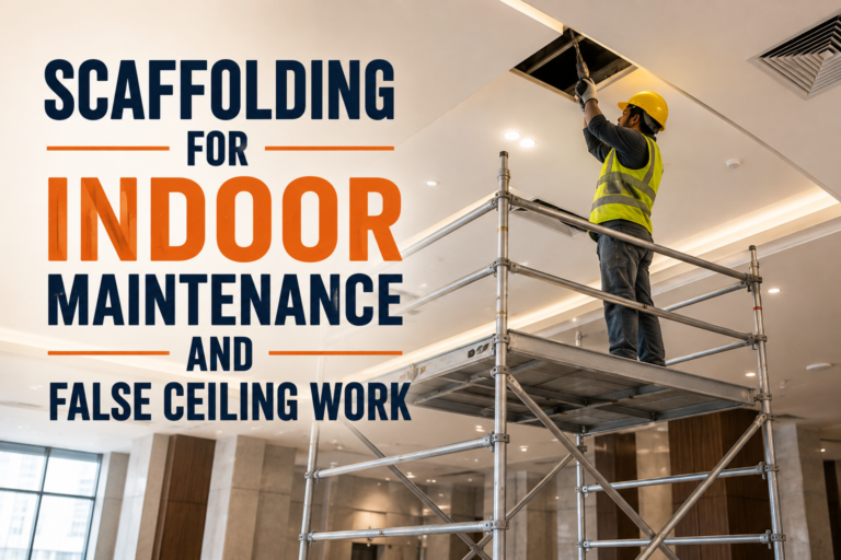 Worker using indoor scaffolding for false ceiling maintenance and installation in a commercial building.