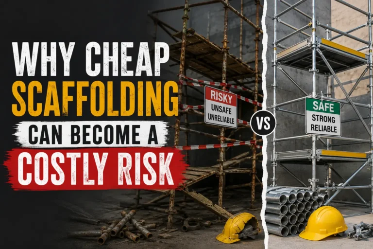 Comparison of cheap damaged scaffolding and safe quality scaffolding showing the potential safety risks of using low quality scaffold materials.