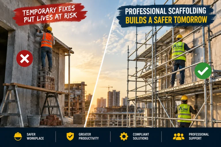 Professional scaffolding support compared with unsafe temporary fixes at a construction site.