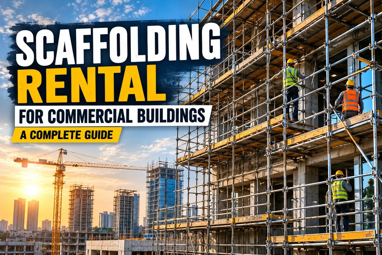 Commercial building under construction with steel scaffolding and workers, illustrating scaffolding rental for large construction projects in Lucknow.